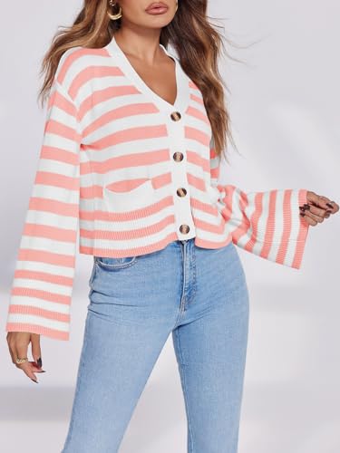 Image of Saodimallsu Womens Striped Cardigan Sweaters Cropped Fall Button Open Front Long Sleeve Knit Sweater Coat with Pockets