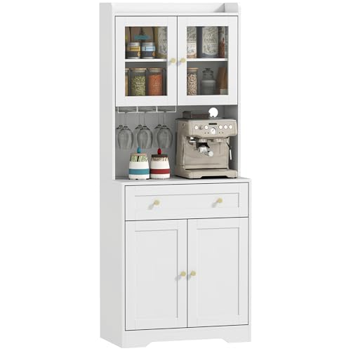 HOMCOM Armoire de cuisine avec plan de travail, étagères réglables, 4 portes, tiroir, armoire haute avec fonction Soft-Close, trou pour câble, 68 x 38 x 170 cm, blanc