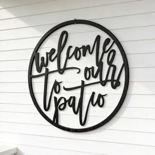 Black Wooden Welcome to Our Patio Sign Welcome Hanging Sign Backyard Decorations for Backyard Patio Outside Bar Deck Porch Wall Decor