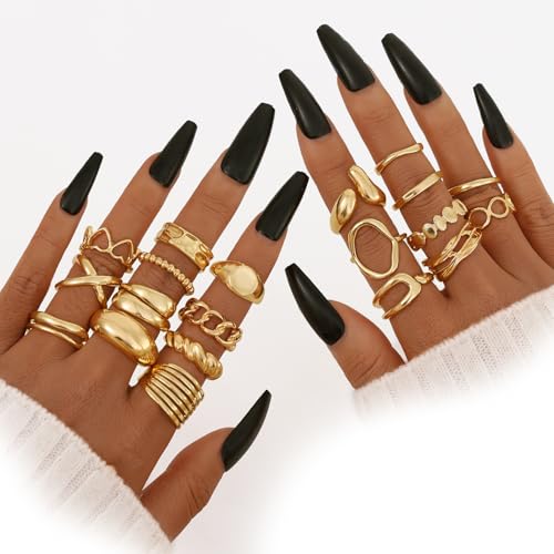 KISS WIFE 20 Pcs Chunky Gold Rings Set for Women, Trendy Thick Stackable Knuckle Rings Pack Open Design, Jewelry Gift2