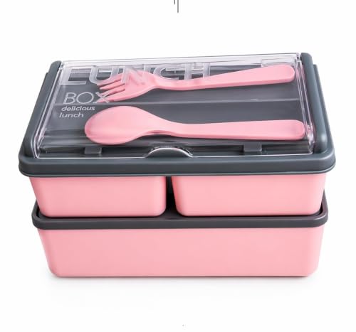 Image of 2 Layer Lunch Box with Spoon & Fork, Leakproof BPA Free Lunch Container, Microwave Safe Food Storage Box for Office, School & Travel