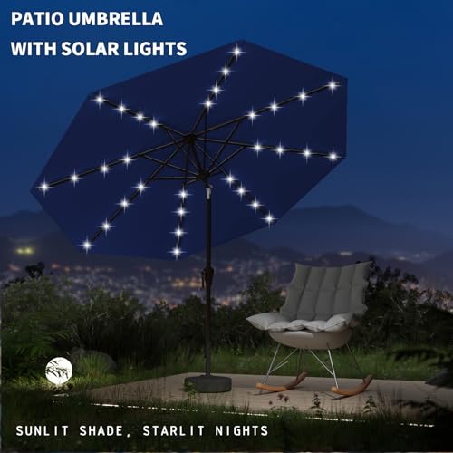 Image of 9FT Patio Umbrella with Solar Lights,Outdoor Market Umbrella with Tilt and Crank, LED Lighted Table Umbrella for Garden,Deck,Backyard,Pool,Beach (Navy)