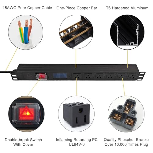 Image of 19 inch 1U 6-Outlet NEMA 5-15R Rack Mount PDU with Power Meter 110-250V 15A