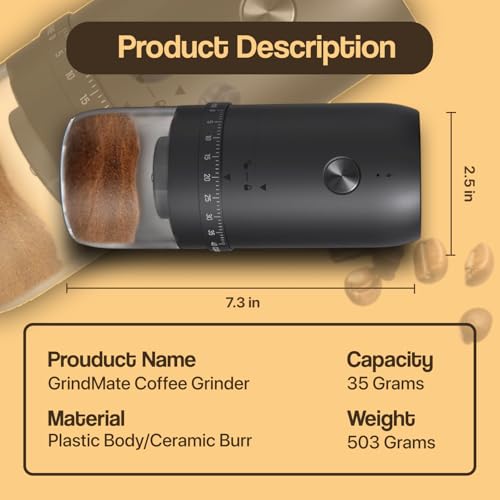 Image of AASHONEE GrindMate Electric Coffee Grinder | Portable & Rechargeable Burr Grinder for Coffee, Spices & Herbs | 40 Adjustable Grind Settings (35g Bean Capacity)