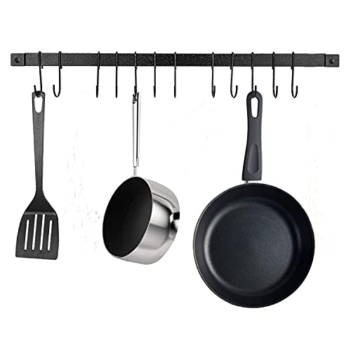 Dreamwenf Kitchen Wall Mounted Hanging Utensil Holder Rack, Wrought Iron Rail Rack With 12 S Hooks For Hanging Kitchen Utensils Set & Cookware,24 Inch cover