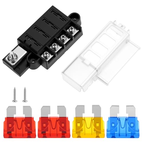 QWORK® 4 Voies Boîte à Fusibles, 12V Porte-fusible avec Couvercle de Protection et Fusibles à Lame, pour Voiture, Bateau, Camping-car & Camion