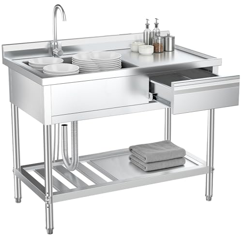 Stainless Steel Utility Sink with Drawers & Plumbing Single Bowl Commercial Sink for Kitchen, Laundry & Farmhouse | Heavy-Duty Indoor Outdoor Workstation (39\" Sink with Right Drawl)