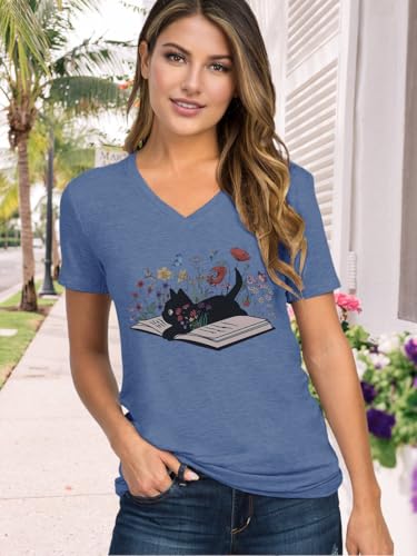 V Neck T Shirts for Women Cute Flower Graphic Tees Summer Tops Floral Print T Shirts Vintage Wildflower Tees2