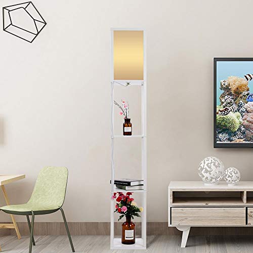 Greensen Vloerlamp 220 V vloerlamp binnenverlichting staande lamp 3 planken hoge staande lampen eikenhout geïntegreerde lamp met plankeenheden voor woonkamer slaapkamer wit