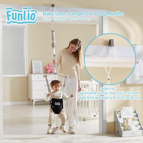 Image of FUNLIO Baby Door Jumper for 6-24 Months (with Door Clamp), Baby Jumper Doorway with Strong Spring & Adjustable Strap, Portable Infant Baby Bouncer, Bearing 40 Lbs, CPC & CE Certified-Black