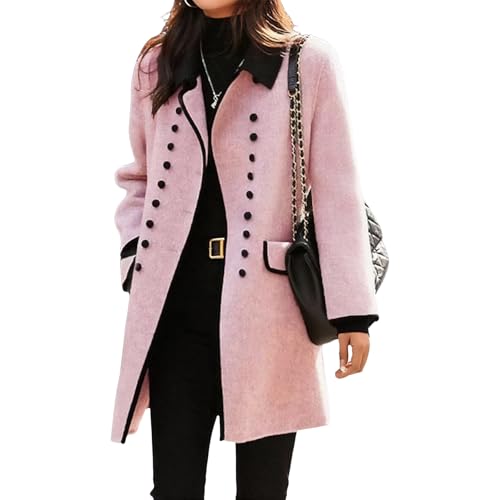 Women's Pink Solid Coats Double Breasted Midi Peacoat Thick Walker Trench match Flap Pockets Loose 2025 Fall