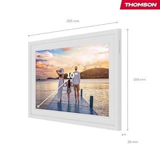 Thomson Cornice Digitale 10 Pollici, Schermo IPS, Touchscreen HD, Condivisione Diretta tramite App, Funzioni Smart, Cornice Fotografica Elettronica con 32 GB di Memoria, Rotazione Automatica, Bianca