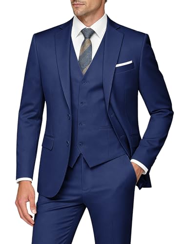 WULFUL Mens Slim Fit 3 Piece Suits Two Button Blazer Vest & Pants Tuxedo Set for Business Wedding Party Navy