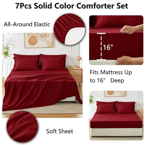 CozyLux Queen Comforter Set Dark Red, 7 Pieces Bed in a Bag Queen Size Comforter Set with Sheets, Bedding Sets with Down Alternative Comforter, Fitted Sheets, Flat Sheets, Pillow Shams and Pillowcases