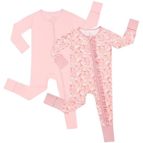 JunNeng 2Pcs Baby Girl Viscose from Bamboo Sleeper with Mitten Cuffs, 2 Way Zipper Romper, Sleep N' Play (Non-Slip Soles) Pjs Pink Flower+Pink 6-12 Months Cover