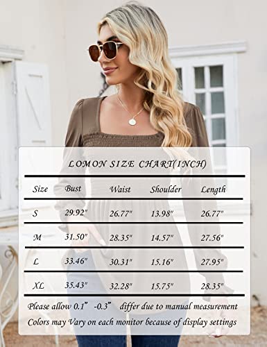 Lomon Blouses For Women Puff Long Sleeve Shirts Square Neck Cute Casual Smocked Tunic Tops Spring Fall Winter (Khaki, S) #TOP5