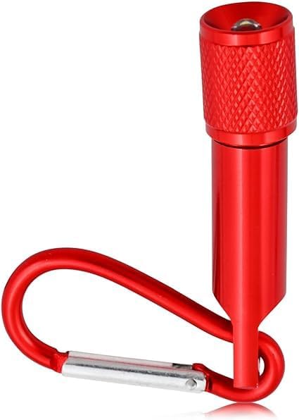 Red mini flashlight with a carabiner clip, an accessory included with the Accutime Spider-Man LCD Watch.