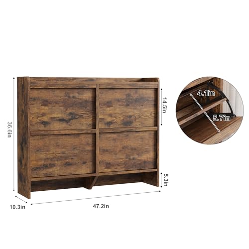 GarveeHome Shoe Cabinet with 4 Flip Drawers, Wooden Shoe Organizer Cabinet with Adjustable Shelf, Shoe Storage for Entryway, Hidden Shoe Cabinet for Hallway, Living Room, Rustic Brown