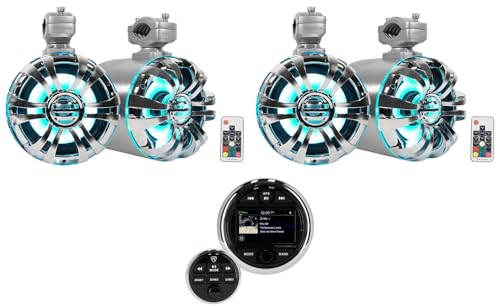 Rockville Bundle: (1) RGHR48A 4 Zone Marine Gauge Hole Receiver Bluetooth App Control+Remote Bundle with (2) Pair WB65KLED 6.5