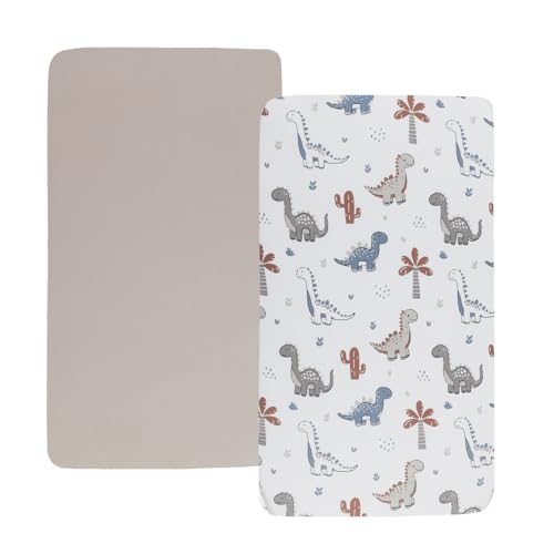Image of Pack n Play Sheet Stretchy Fitted Portable Mini Crib Sheets Set 2 Pack,Playard Sheets Convertible Playard Mattress Cover,Ultra Soft Jersey Material, Cream & Dinosuar