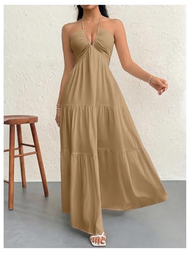 Image of SHENHE Women's Deep V Neck Tie Knot Backless Halter Dress A Line Flowy Ruffle Maxi Dress
