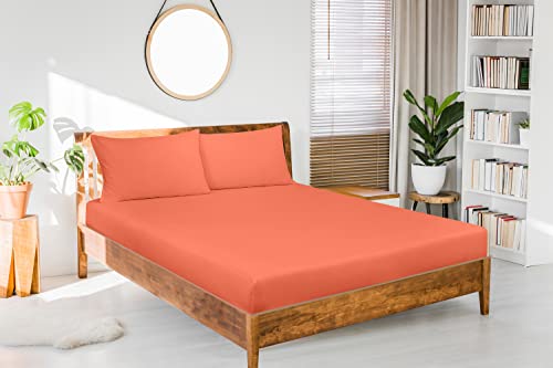 Royale Linens Fitted Sheet Twin Xl - Brushed Hotel Quality 1800 Ultra-Soft Wrinkle & Fade Resistant - Bottom Sheet - Deep Pocket Stretches Up To 16" - Fitted Sheet Only - Elastic Sheet (Twinxl, Coral) #TOP3