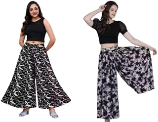 THE SAHIA Women Flared Palazzo Pants Combo Pack of 2 Black & White Printed Palazzo for Women Comfortable Price In India