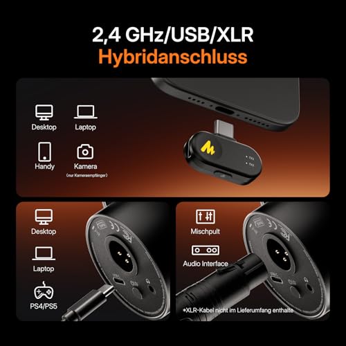 MAONO PD200W Hybrid Wireless Podcast Mikrofon für PC, XLR-USB-Dynamische Mikrofon-Set mit Arm, Software, Geräuschunterdrückung, für Aufnahmen, Streaming, Inhaltserstellung, Heimstudio, Voiceover
