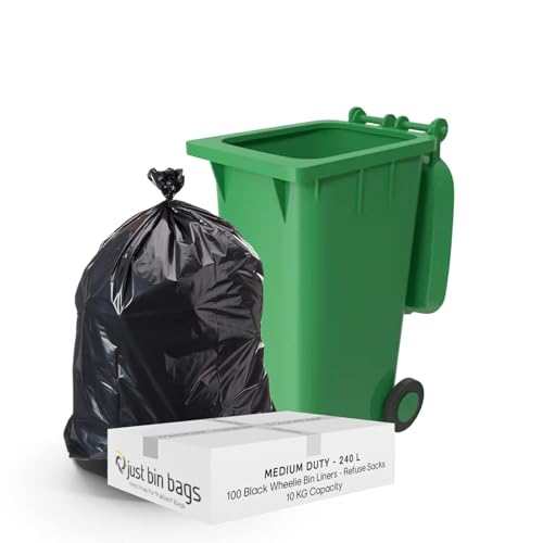 100x 240L Black Wheelie Bin Liners - Refuse Sacks | MEDIUM DUTY | 10kg Capacity- 100 Gauge, 25 Micron Waste Recycling Rubbish Dustbin Bags | Domestic & Commercial Use