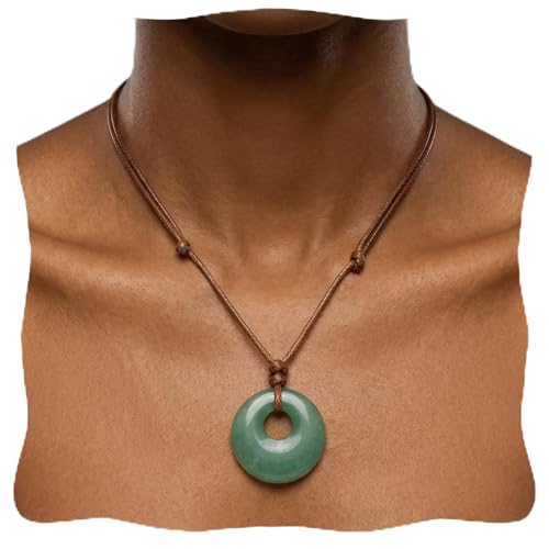 ZILENIU Green Jade Necklace Natural Gemstone Lucky Coin Pendant Necklace for Women Men Charm Donut Crystal Amulet Necklace (Green Jade)