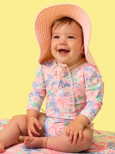 Image of RuffleButts Baby Girls UPF 50+ Sun Protection Floral Printed Long Sleeve One Piece Rash Guard Swimsuit with Zipper