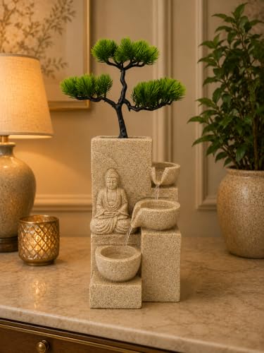 Image of eCraftIndia Buddha Bonsai Tabletop Water Fountain for Home Decor, Indoor Cascading Waterfall Fountain with Buddha Statue & Decorative Tree, Living Room, Bedroom, Office & Meditation Decor