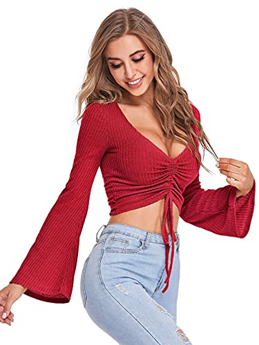 Image of SweatyRocks Women's Adjustable Drawstring String Long Bell Sleeve Rib Knit Sexy Crop Top