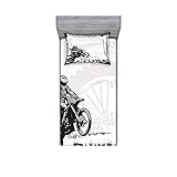 Ambesonne Motorcycle Fitted Sheet & Pillow Sham Set, Motocross Racer Image Grungy Background Poster Style Monochromic Artwork Print, Decorative Printed 2 Piece Bedding Decor Set, Twin, Black Charcoal