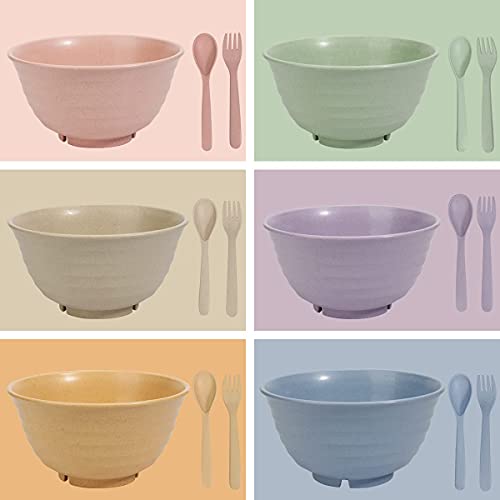 Sgaofiee Unbreakable Cereal Bowls - 30 Oz Wheat Straw Fiber Lightweight Bowl Sets Of 6 - With 6 Spoons & 6 Forks - For Rice Noodle Soup Breakfast Bowls - Dishwasher & Microwave Safe #TOP6