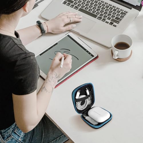 Image of Square Earbud Case Portable EVA Carrying Case Storage Bag Cell Phone Accessories Organizer with Carabiner for Earphone, Earbud, Earpieces, SD Memory Card, Camera Chips, Tech Pouch, Blue1