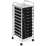 Happygrill 10-Drawer Storage Cart, Utility Cart with Removable Drawers & Metal Frame, Rolling Storage Cart with Lockable Wheels for Home, Office, Black