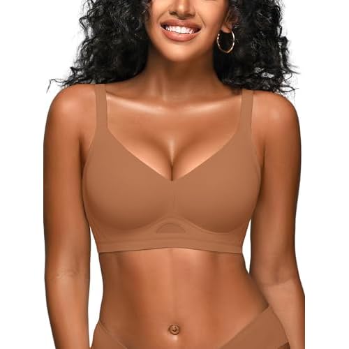 Wireless Jelly Bras for Women No Underwire - S-2XL Seamless Everyday Tshirt Bralettes Supportive Bra Small Coffee