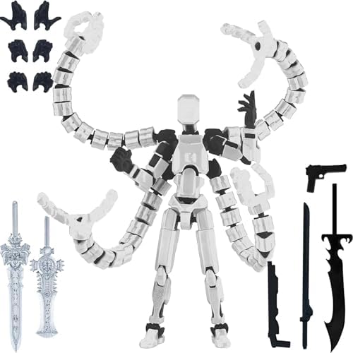 Action Figure Toys, Octopus Shaped 3D Printed Toys, White Multi-Jointed Dummy 13 Action Figure with 9 Accessories, Articulated T13 Action Figure Robot Toy Set Game Desktop Decoration for Gifts