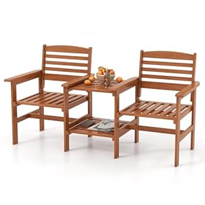 SFAREST Wooden Garden Loveseat, Solid Wood Bench Seat with 2 Tier Coffee Table & Built-in Umbrella Hole, Outdoor Patio Chairs Conversation Furniture Set for Backyard Porch (Natural, 160 x 62 x 88 cm)