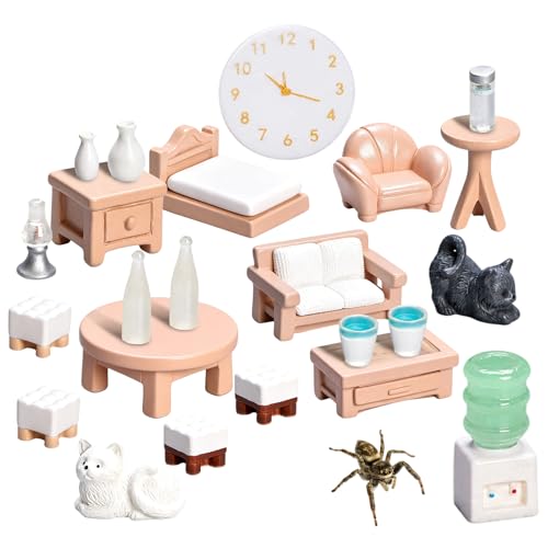 23PCS Jumping Spider Accessories, Jumping Spider Decor Set for Pet Enclosures, Includes Vases, Water Dispenser, Furniture and Cat Figurines, Khaki and Brown Color Theme with Multiple Functional Items.