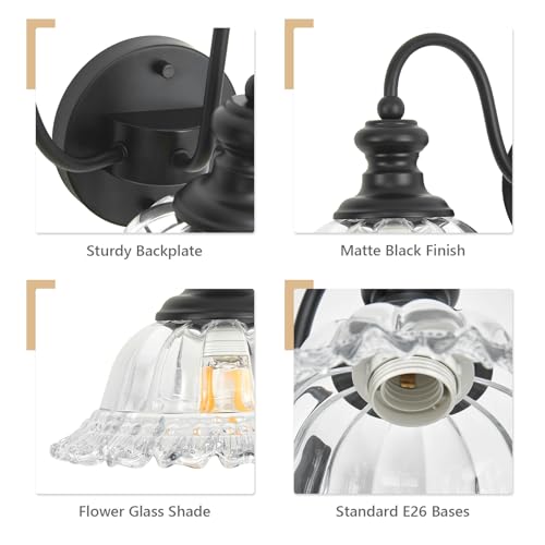 Image of 2 Lights Black Vintage Bathroom Vanity Light Fixture Over Mirror | Floral Transparent Glass Shades,Antique Wall Sconces,Wall Mount Up or Down, E26 Socket, Hardwired