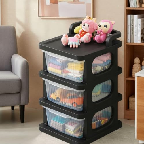 Image of 3 Tier Plastic Storage Drawer /Spacious Organizer with Handle| Modular Storage Rack for Home /Kitchen /Office | Black