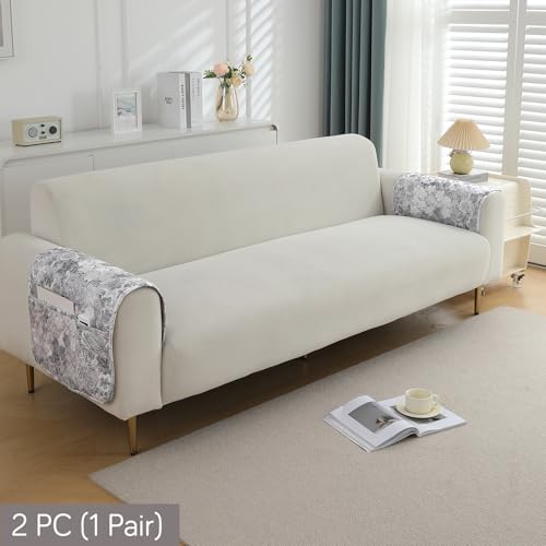 Image of HOKIPO Printed Waterproof + Anti-Slip + Quick Dry Sofa Armrest Cover with Pockets (2Pcs), Abstarct Pale Grey (AR-5237-P7-L*2)