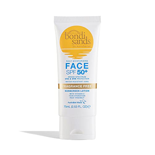 Bondi Sands Fragrance Free Face Sunscreen Lotion SPF 50+ | Gentle Formula Moisturises + Provides Broad-Spectrum Protection, Enriched with Aloe Vera and Vitamin E, Vegan + Cruelty Free | 75 mL/2.53 Oz