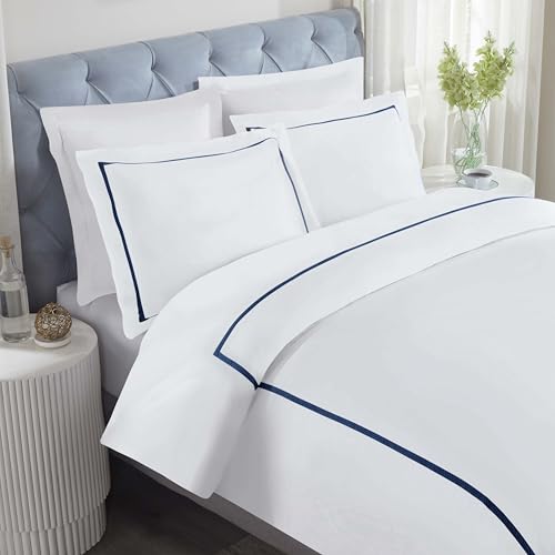 Superior Embroidered Cotton Duvet Cover Set, Soft Bedding Covers, 1 Duvet Cover with Button Closure, 2 Pillow Shams, Cotton Cross-Stitch, Riverton Collection, King/California King, White/Navy Blue