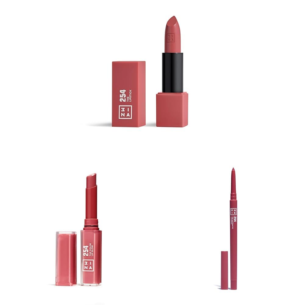 3INA MAKEUP - The Lipstick 254 + The Color Lip Glow 254 + The Automatic Lip Pencil 254 - Rosa nude Oscura - Barra de Labios Cremosa Mate + Labial Hidratante + Perfilador de Labios -Vegan -Cruelty Free