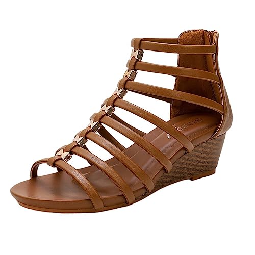 Women Gladiator Sandals Retro Wedge Heel Zipper Strappy Sandal Roman Shoes Girls Summer Flat Beach Gladiators Zip Walking Comfortable Low Open Toe Slip On Wedges Arch Support Casual Elegant