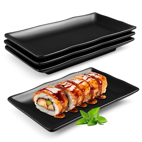 Jinfanshurich Platos rectangulares, platos de porcelana rectangulares, platos negros para entrantes, platos de postre, platos de aperitivos para sushi, pasteles, ensaladas, frutas, aperitivos (4