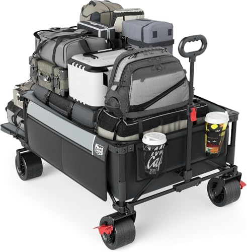 Image of Timber Ridge 600L Beast Wagon 26 inch W Extra Wide All Terrain Folding w /Big Wheels, Cargo Net & Tailgate, 26 inch W and 55.25 inch L, 500lbs Heavy Duty Collapsible Portable Cart for Camping, Sports, Dogs, Grey